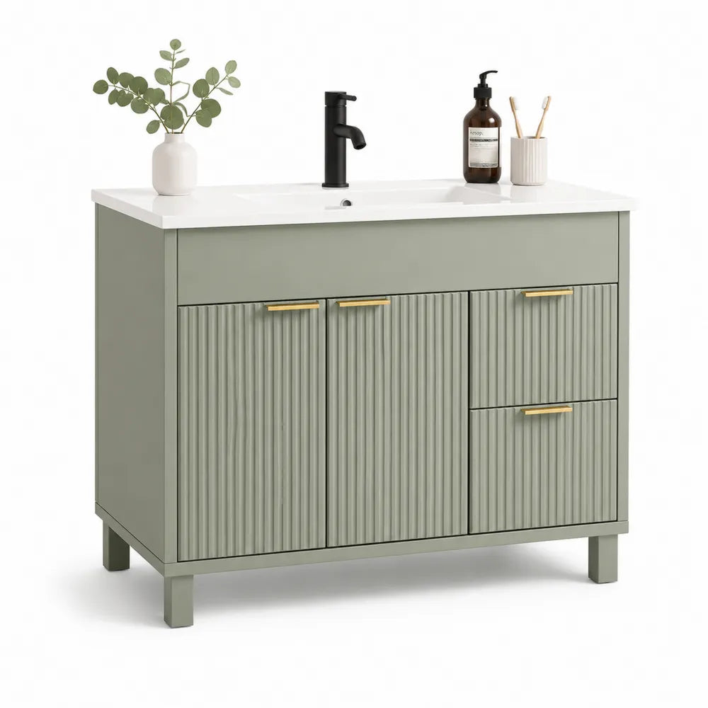 Waschtischunterschrank mit Waschbecken 100 x 45 x 85 cm MDF Rillenfront Rechteckig Grün Weiß mit Schublade und Türen