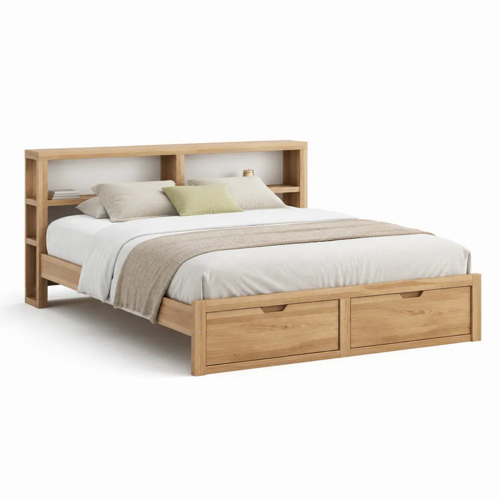 Doppelbett Bettgestell 180x200 cm MDF Eichenoptik Rechteckig Natur mit Schubladen Kopfteilregal