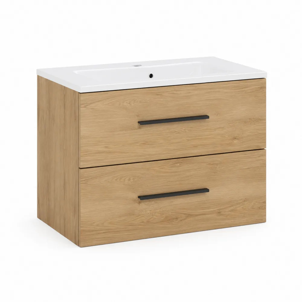 Waschtischunterschrank mit Waschbecken 100x50x60 cm MDF Holzdekor Rechteckig Natur Weiß mit 2 Schubladen