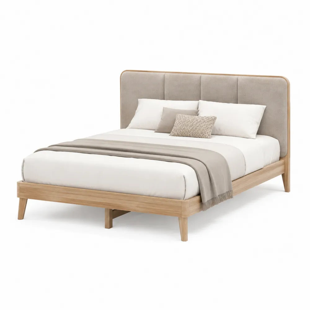 Doppelbett Polsterbett Holzrahmen Polyesterbezug Rechteckig Beige Natur 180 x 200 cm