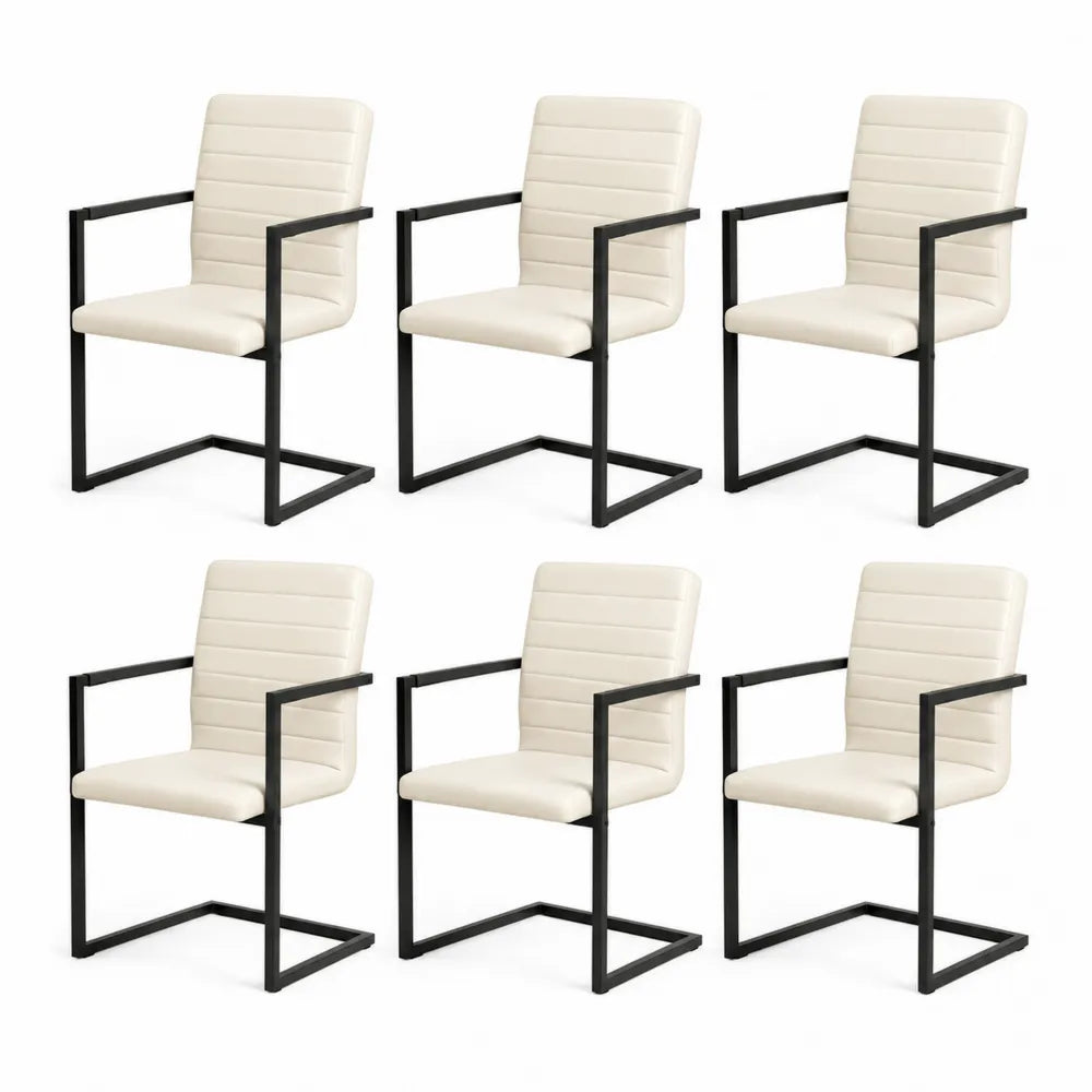 Esszimmerstuhl Set 6 Stück Armlehnstühle Polsterstuhl PU Bezug Stahlgestell Beige Schwarz 56 x 58 x 81 cm