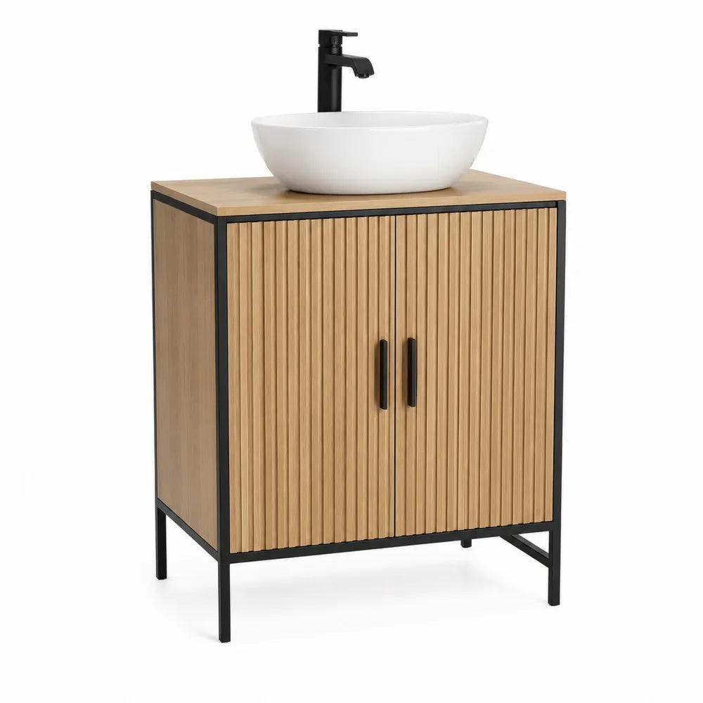 Waschtischunterschrank mit Aufsatzwaschbecken 80 x 45 x 90 cm MDF Rillenfront Rechteckig Eiche Natur Schwarz Weiß mit Türen