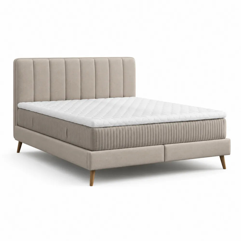 Boxspringbett Doppelbett 180 x 200 cm Polyesterbezug MDF Rahmen Rechteckig Beige mit gepolstertem Kopfteil