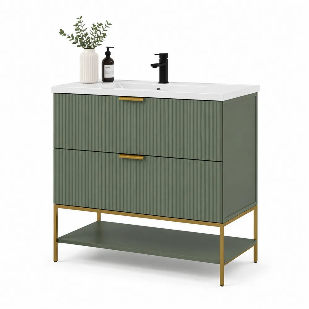 Waschtischunterschrank mit Waschbecken 100x50x85 cm MDF Metall Rechteckig Grün Weiß Gold mit 2 Schubladen