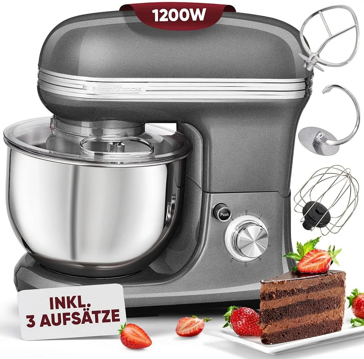 Keukenmachine met 5 l, 1200 W, RVS, aluminium, wit en transparant