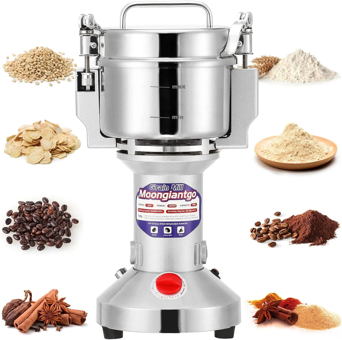 Haakse slijper, 2500 W, 110V, Tarwe Maïs Rijst Peper Kruiden Koffiebonen 700g Staand