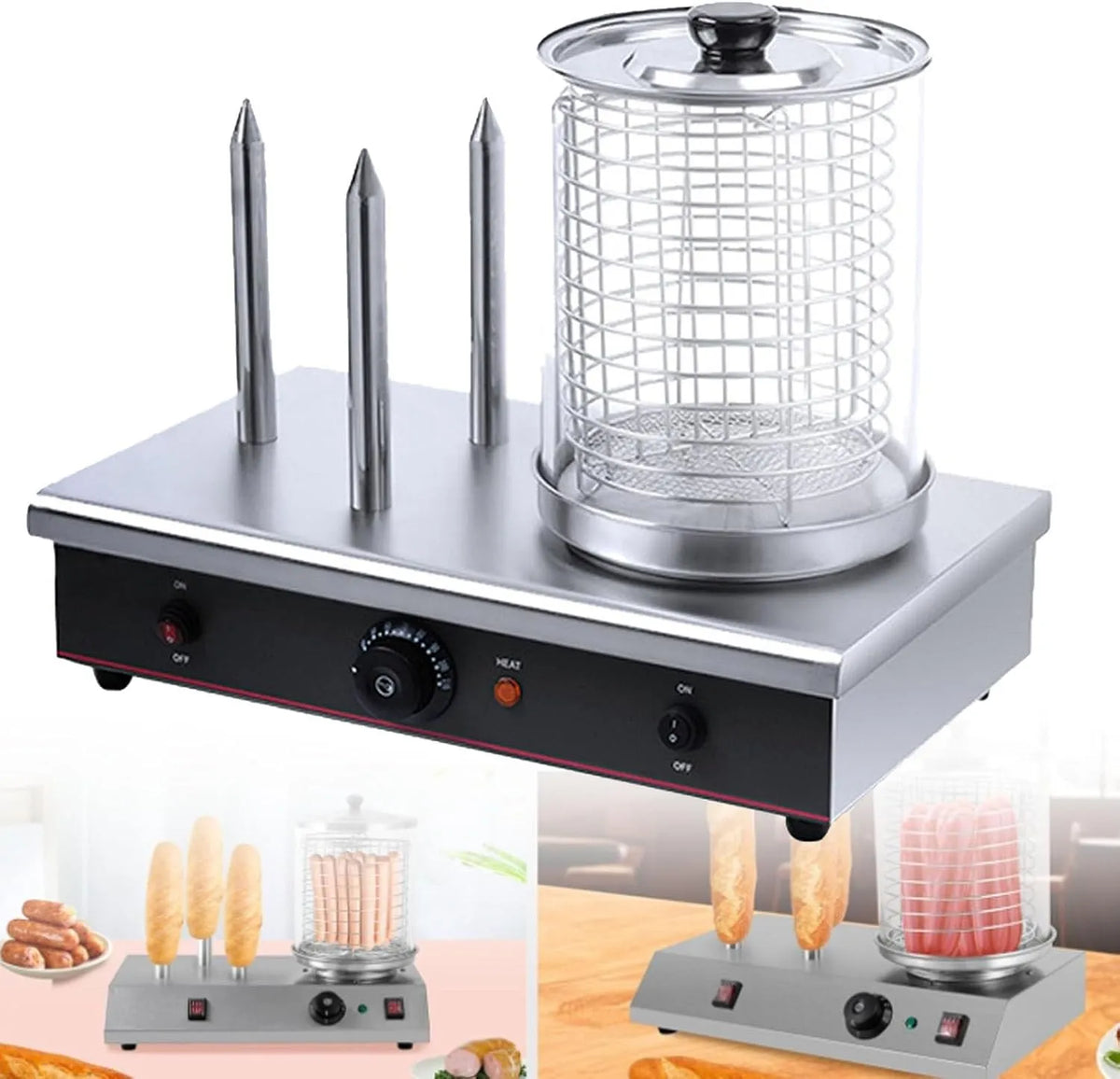 Commerciële hot-dog machine, 700 W commerciële hot-dog machine RVS met 3 broodroosterstangen, Elektrische hotdog maker, verstelbare