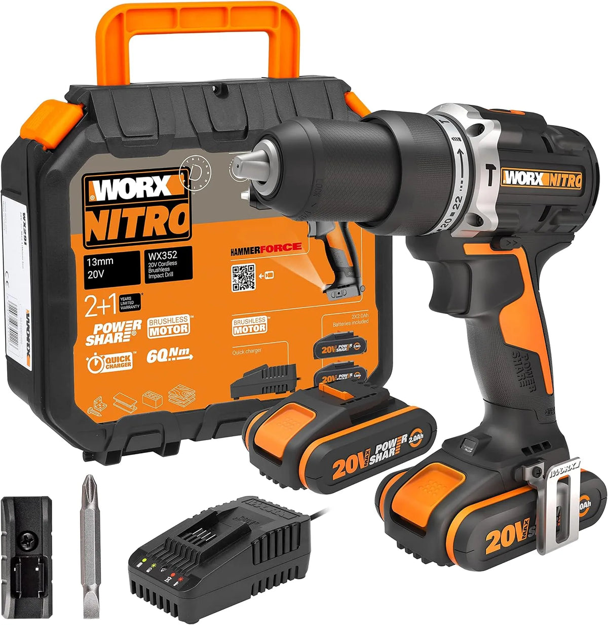 Lader, WORX NITRO WX352, 2-speed transmissie & LED-licht, incl. 2x20V 2Ah batterijen & 2A snellader, borstelloze motor, voor schroeven, boren