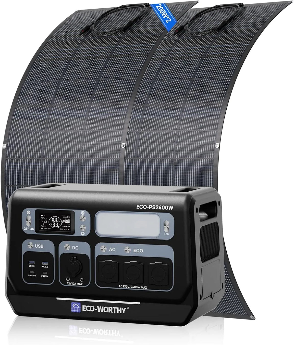 Draagbaar powerstation, 2048Wh, 2×200 W zonnepaneel flexibel