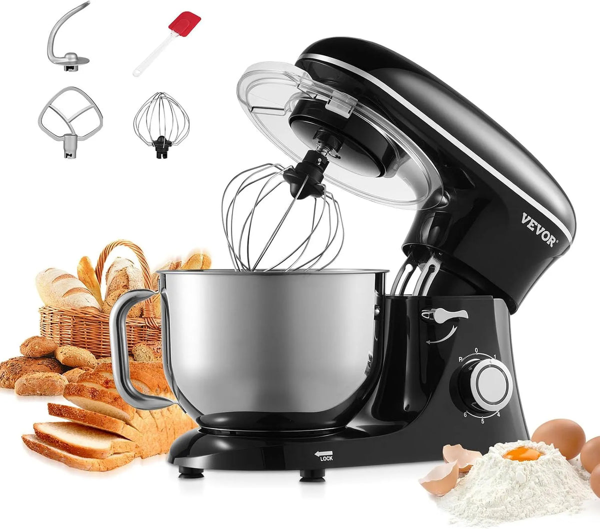 VEVOR Staande mixer met 6 QT deegmixer, deeghaak, 660 W 6 + P Snelheden Kantelkop Voedselmixer met roestvrijstalen kom en platte klop, draadklop
