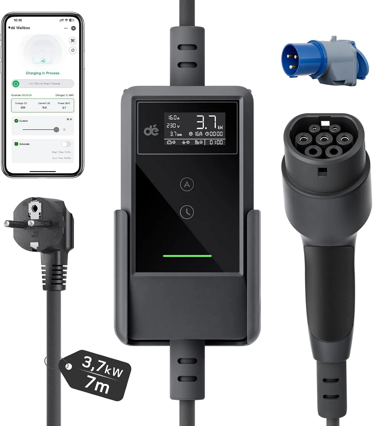 EV-oplader, dé Y/3 ID.3/4 EX30, 1-Fase, 6-16A Thuislader Type 2 met Digitaal Display, EV Oplader 3,7kW voor Model Y/3, Enyaq en andere EV/PHEV