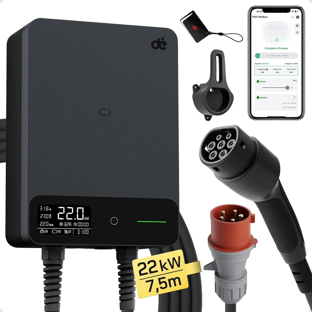 EV-oplader met 22kW, 6-32A, IP54, digitaal display, oplaadstation en zwart