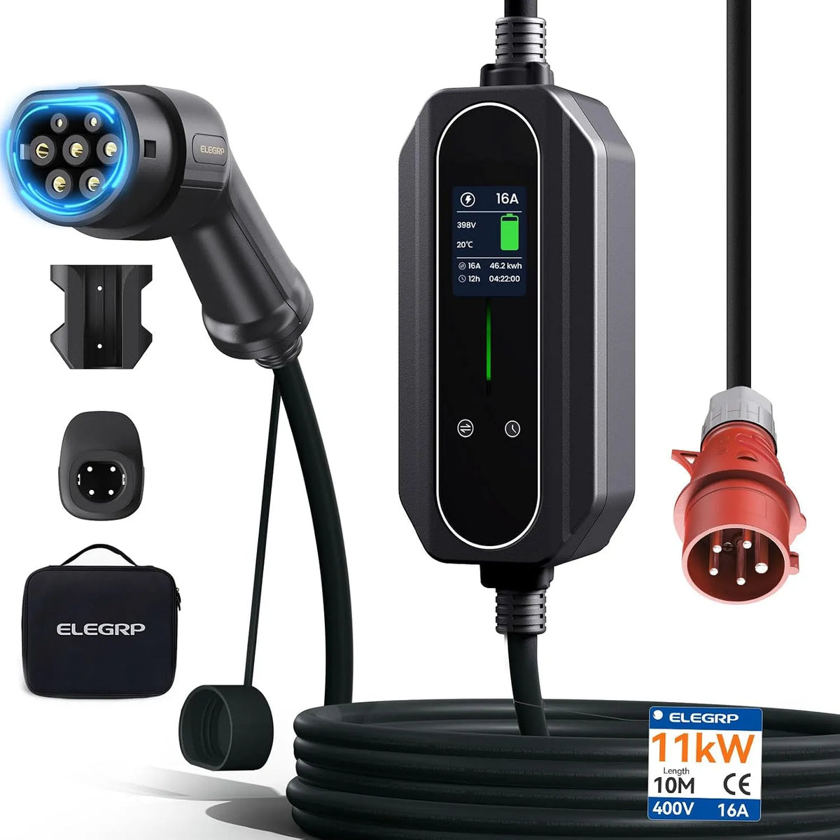 Lader, 11 kW, instelbaar van 6 tot 16 A, 10 m kabel, IP67 waterdicht, mobiel laadstation IEC 62196-2.