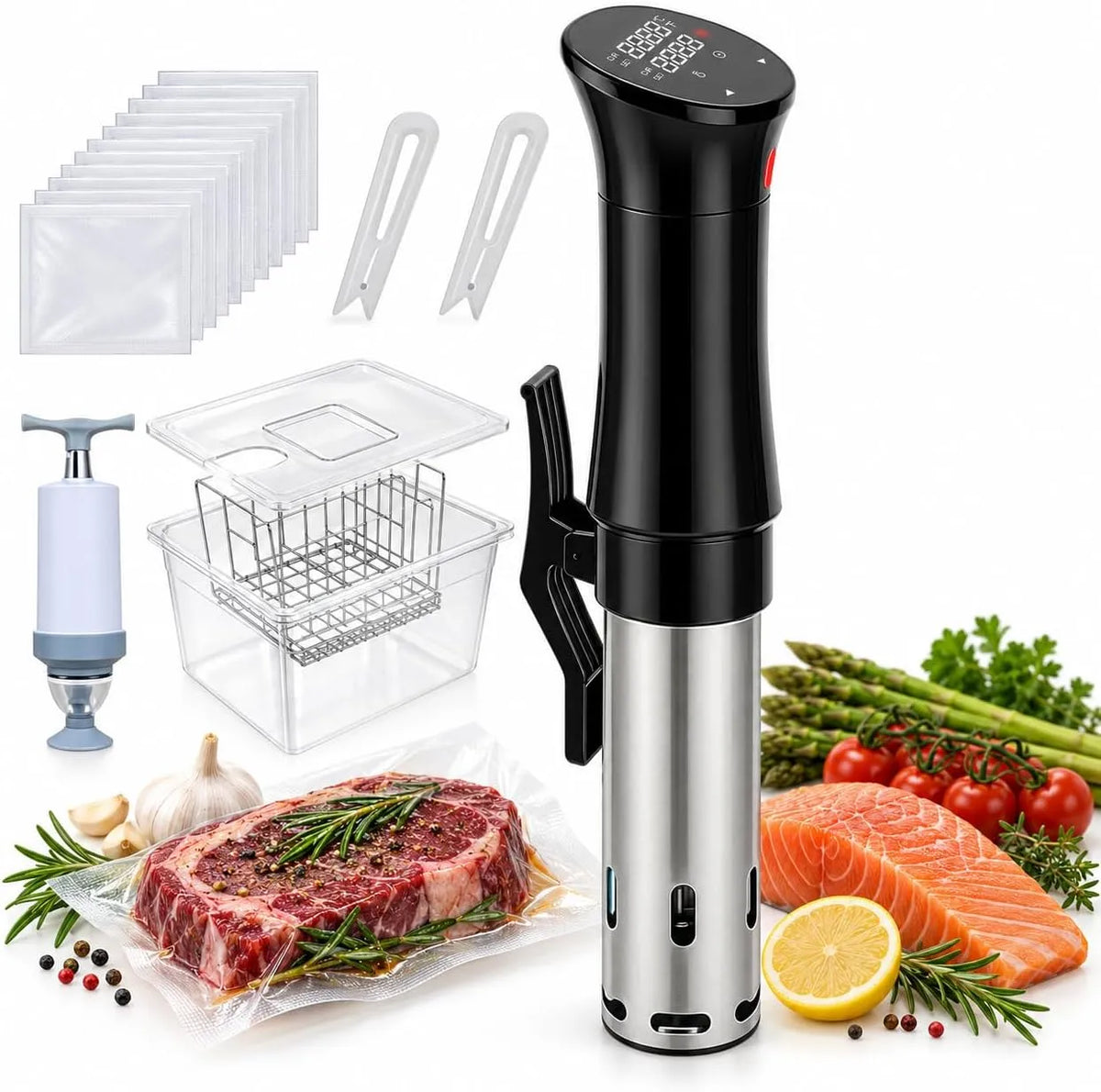 Sous vide-koker met 6,5–14,5 cm, 0,5°C, 1100 W, RVS, timer en zwart