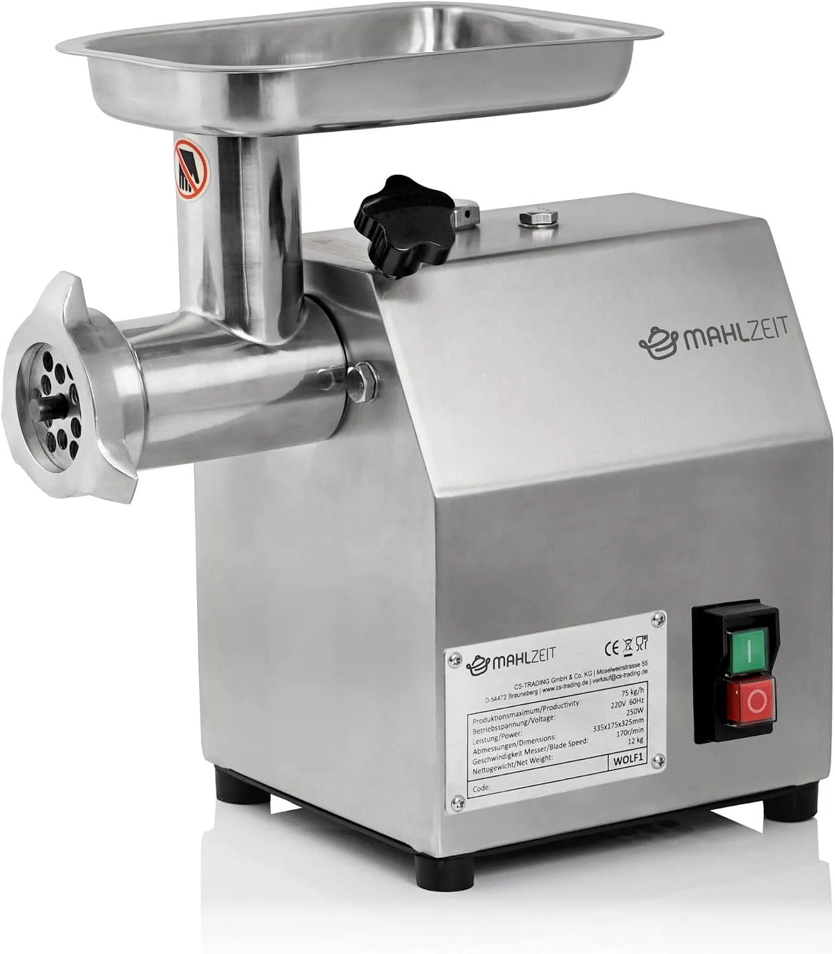 Machine, 250 W, carnavalsmachine van RVS, worstmachine in horeca-kwaliteit, worstmaker, 75 kg/u, elektrisch, vleesmachine met worstvuller, Mahlzeit