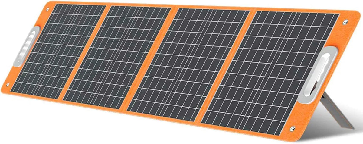 Zonnepaneel met 100 W, 18 V, zonne-energie en oranje, buitenreizen, kamperen en avonturen in de natuur.