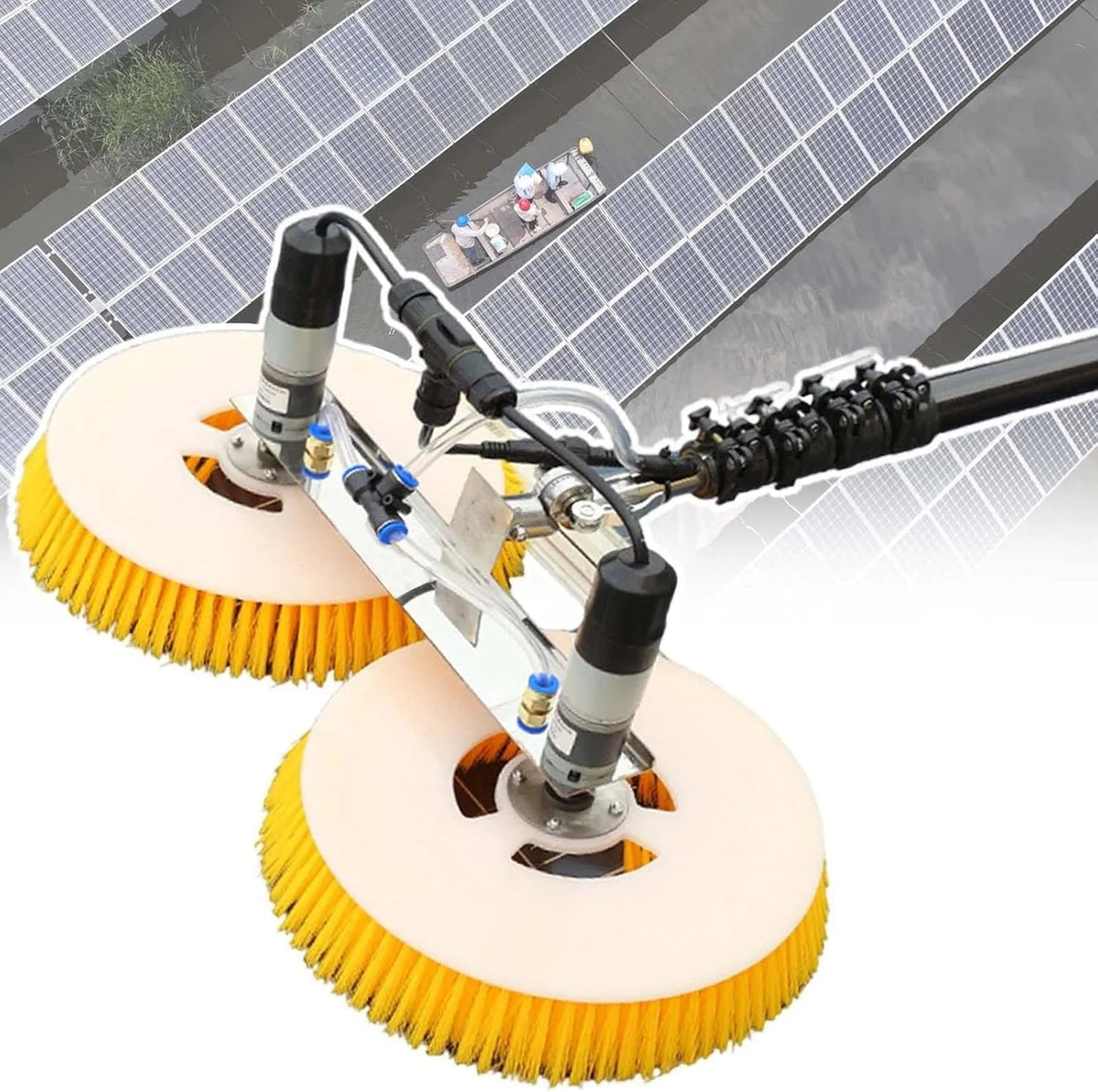 Machine, Intrekbare reinigingsmachine, met 17 m lange kabel, dubbele roterende koppen voor een efficiënte reiniging van het paneel, telescopische