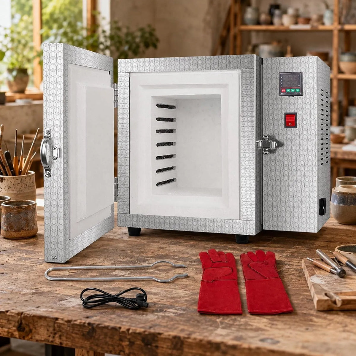 Inbouwoven met 1500 W, 800 °C, 15 x 15 x 20 cm, 33 x 34 x 40 cm, 30–40 minuten, 1°C, 7,9 inch en 15,7 inch