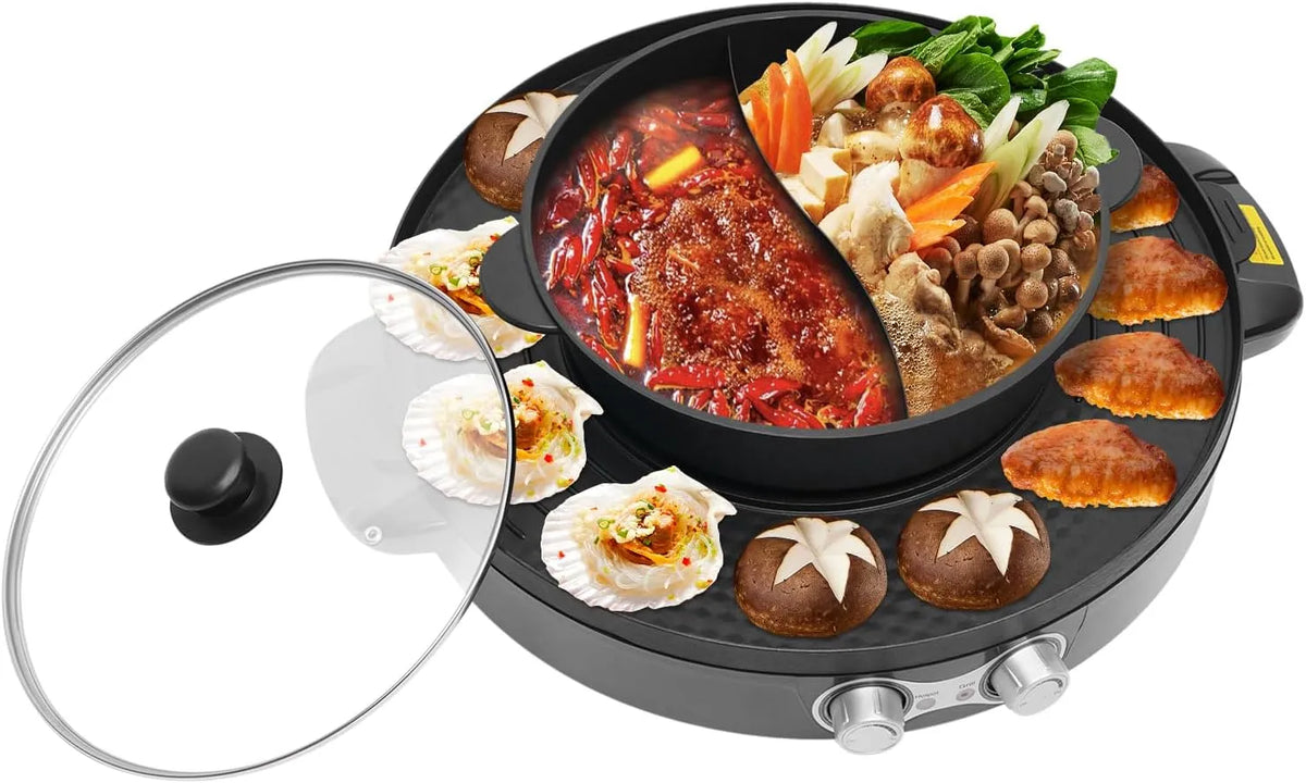 Barbecue met 2200 W, waterreservoir en zwart, 2-in-1 Shabu Pot en Koreaans BBQ-Grill