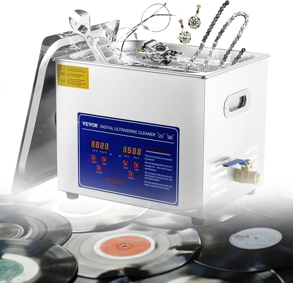 Ultrasoonreiniger met 6,5L, Timer, 180 W, 300 W, 20-80 °C, RVS en aluminium
