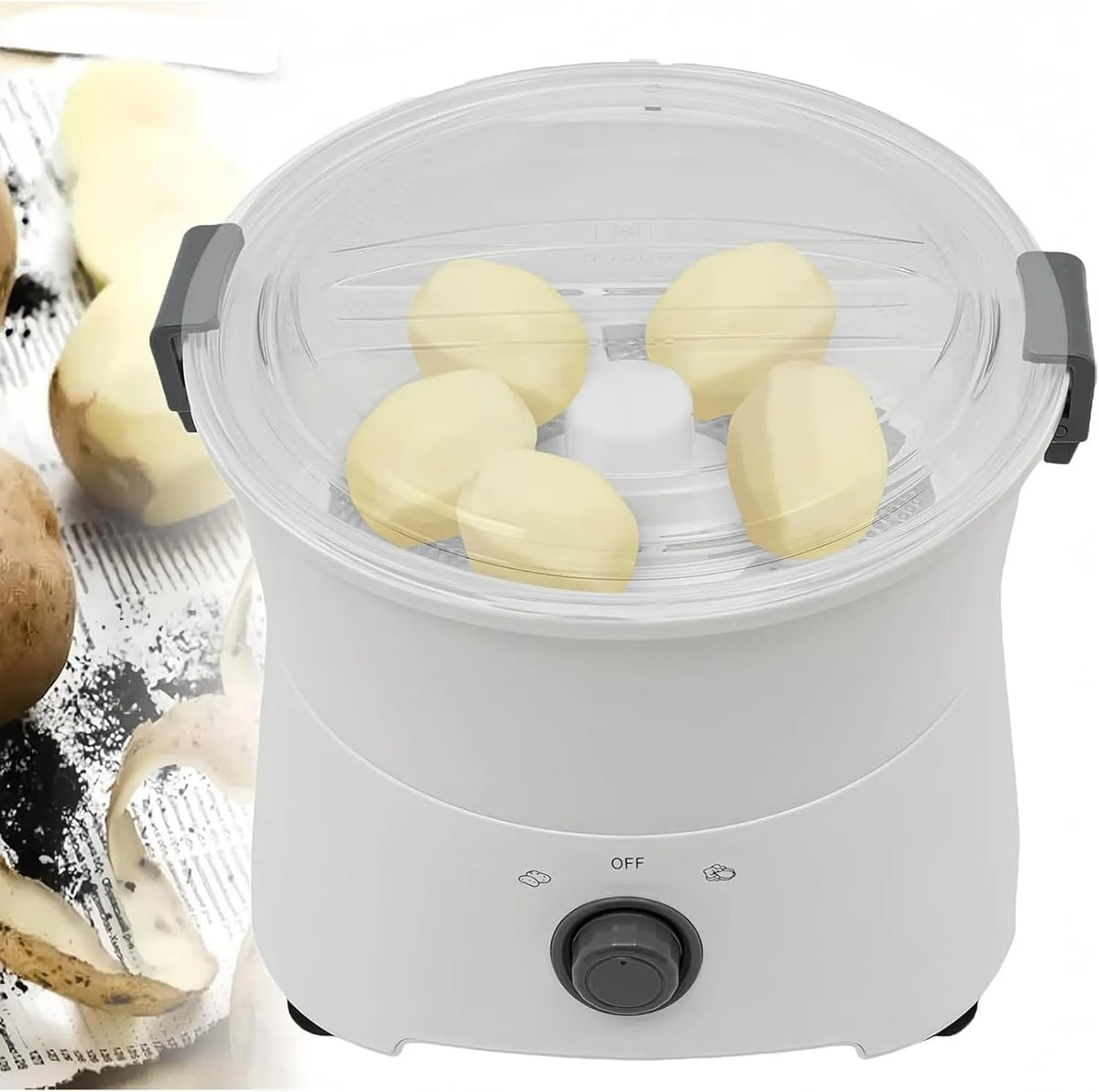 Moeiteloze elektrische aardappelschiller met 85 W, 800g, RVS en transparant