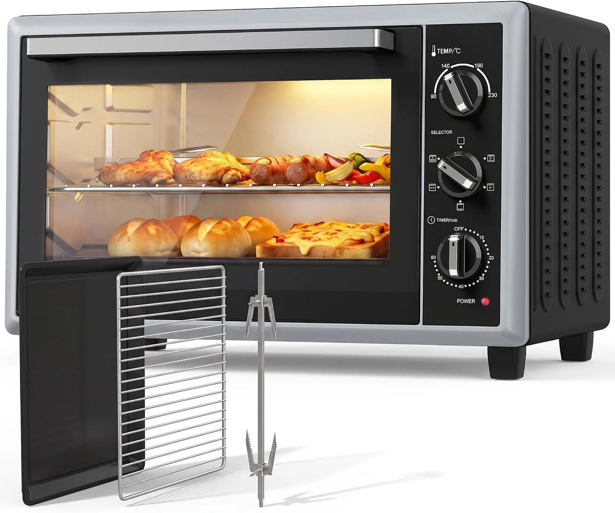 Inbouwoven met 46 l, 90-230 °C, 60 minuten, regelbare thermostaat, RVS, ruime kabellengte, timer en zwart