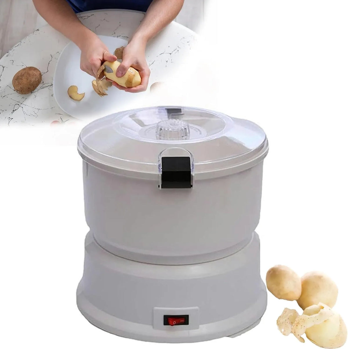 Elektrische aardappelschiller met 1 kg, 27 x 25,5 x 5cm, 28,3 x 28,3 x 27,5cm, 220V, 24 uur, 2-in-1, RVS en wit