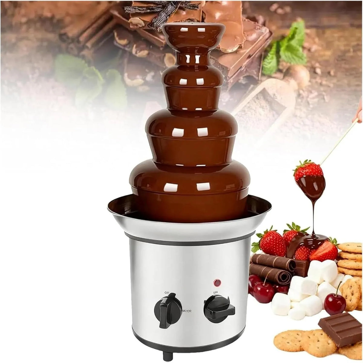 Chocoladefontein met 4 niveaus met 110-240V, 45 cm, 21,5 cm, 13 cm, 11 cm, 6 cm en 24 uur