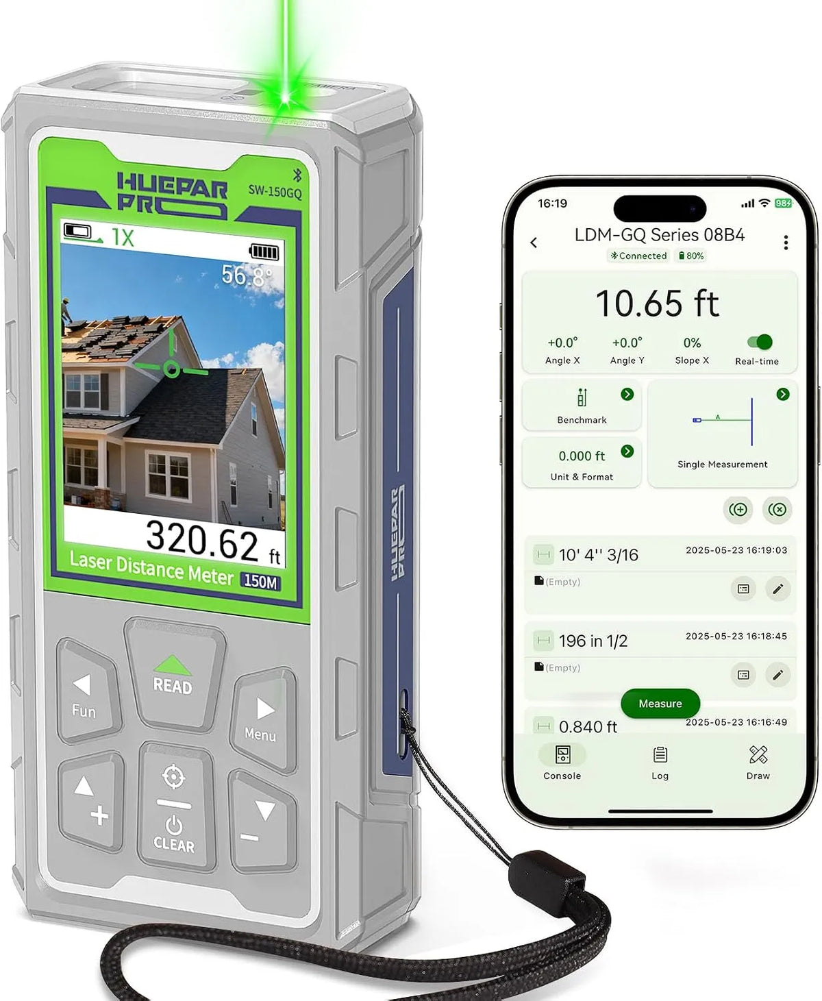 M met camera, SW-80GQ, Bluetooth, Huepar Pro Outdoor Laser Measure 80m