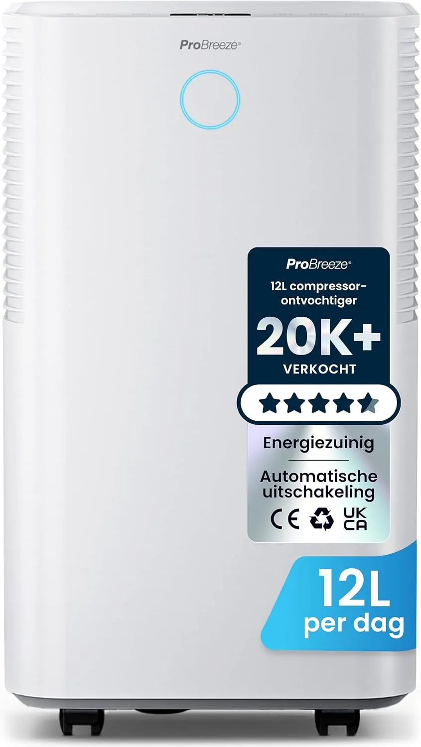 Luchtontvochtiger, Pro Breeze 12 L/Dag Luchtontvochtiger, 24-Uurs Timer, 2L Watertank en Doorlopende Afvoer, Automatische Vochtigheidssensor, Was