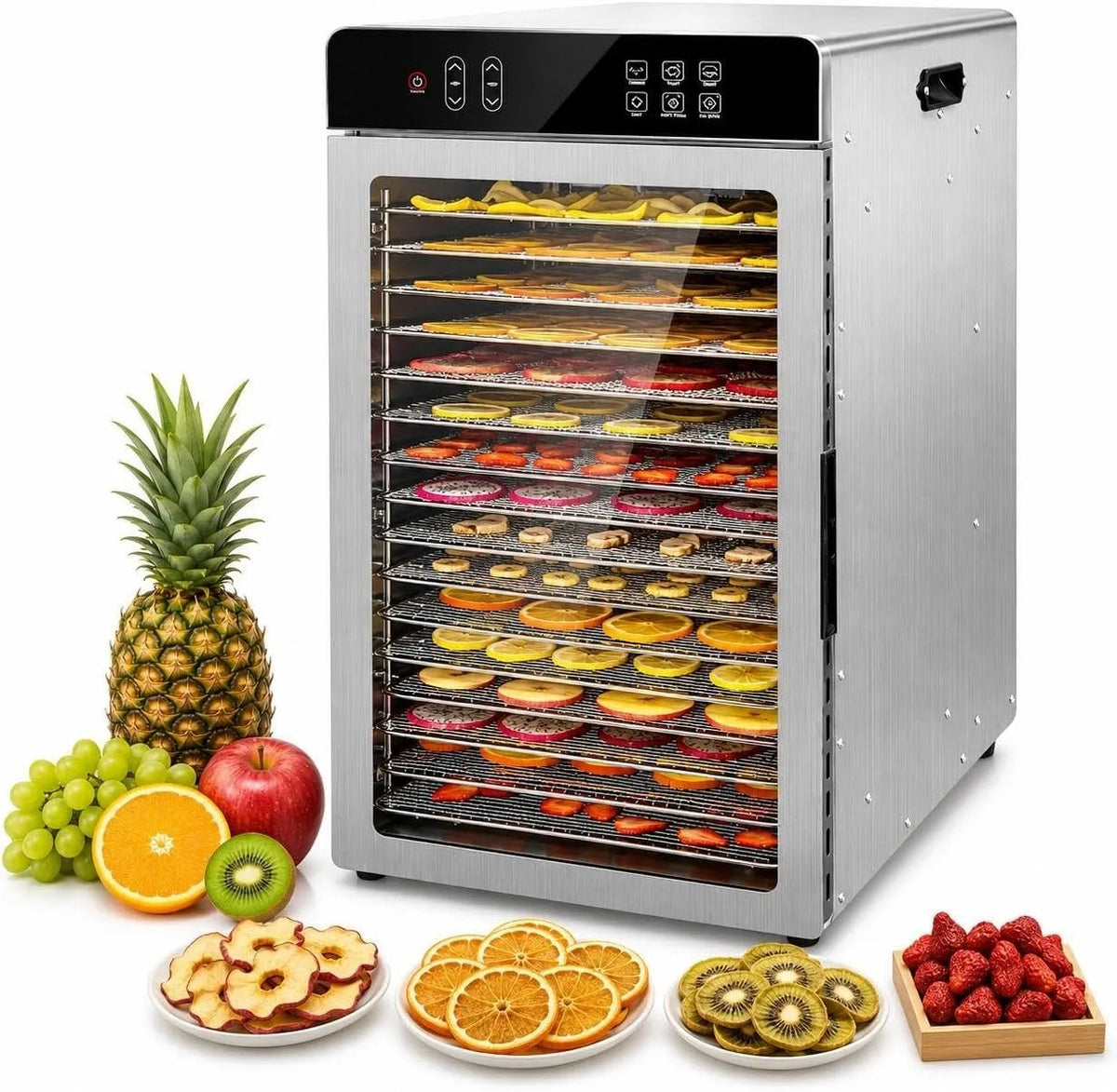 Droger met 30–90°C, 24 uur, 2,5 cm en RVS, 90°C Fruitdroger met Digitale Touchbediening en 24H Timer