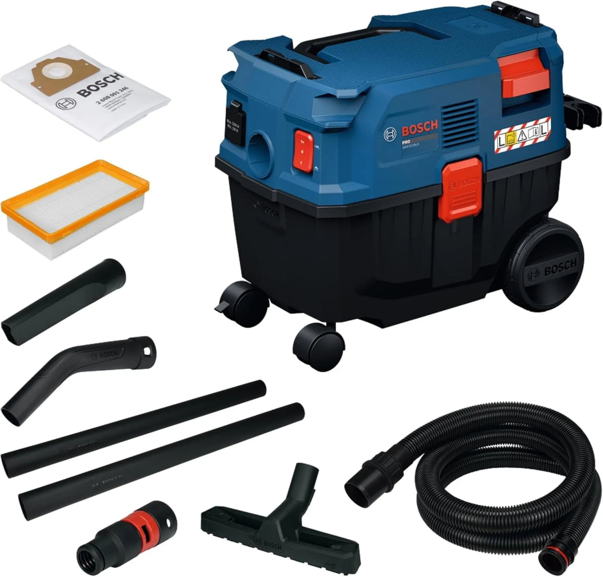Bosch PRO alleszuiger met snoer GAS12-25LS kunststof verlengbuizen, Bosch PRO GAS12-25LS, platte plooifilter, gebogen zuigmond, vloerzuigmond