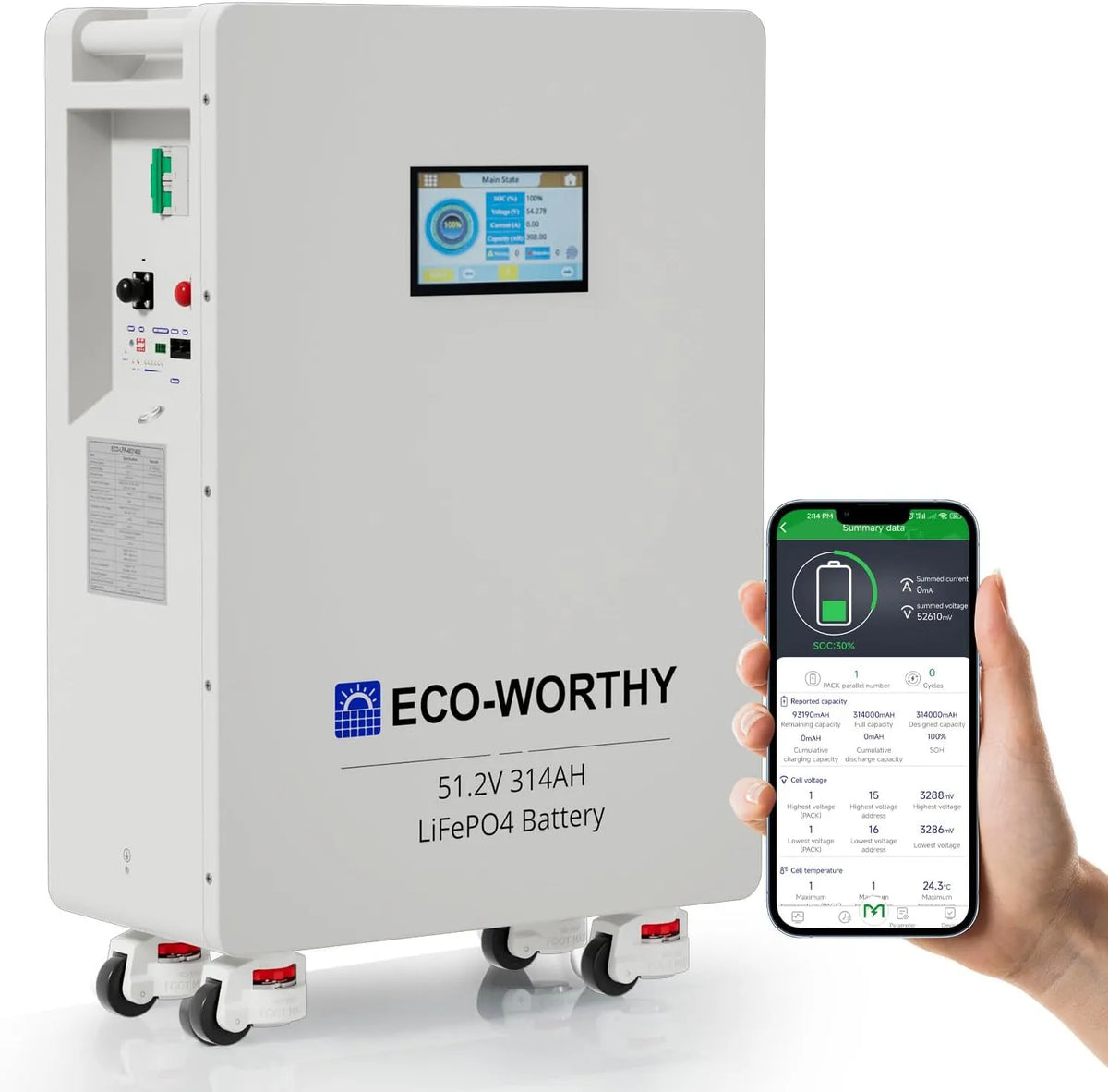 ECO-WORTHY LiFePO4 accu 48 V 314 Ah 16,1 kWh stroomopslag en stroomonderbrekers 200A PACE BMS RS485/CAN/RS232 voor noodstroomvoorziening thuis