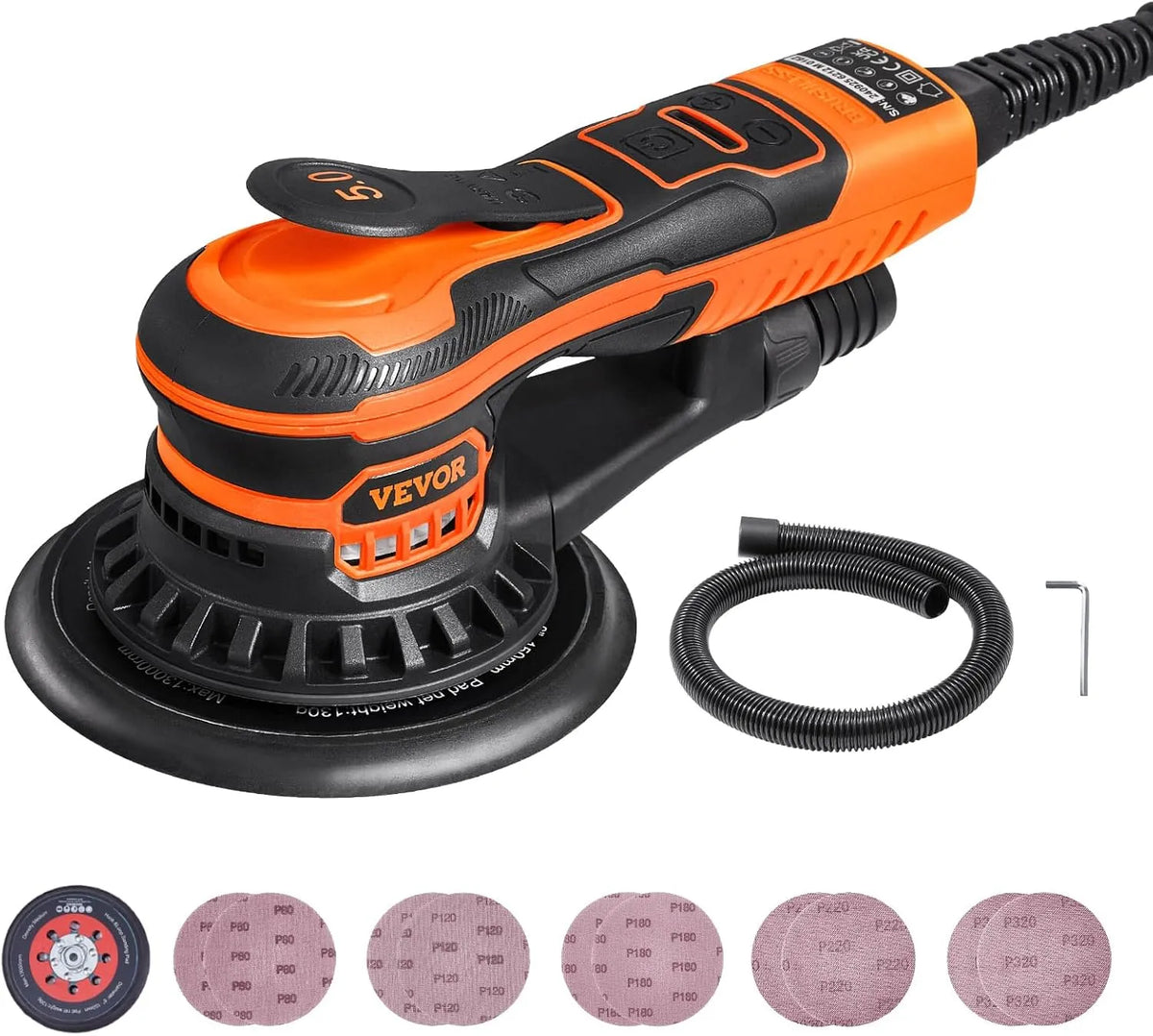 Machine met 350 W, elektrische handschuurmachine met 6 variabele snelheden, 150 mm, 10.000 PRM en borstelloze excentrische schuurmachine