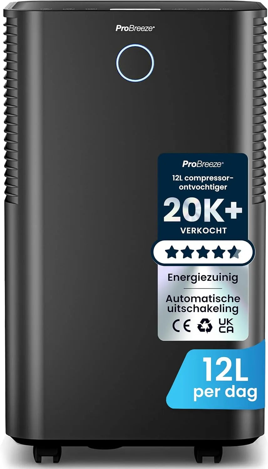 Luchtontvochtiger met 12 L, 38 dB, digitaal display, waterreservoir, geluidsarme werking, slaapstand, 24-Uurs Timer en zwart