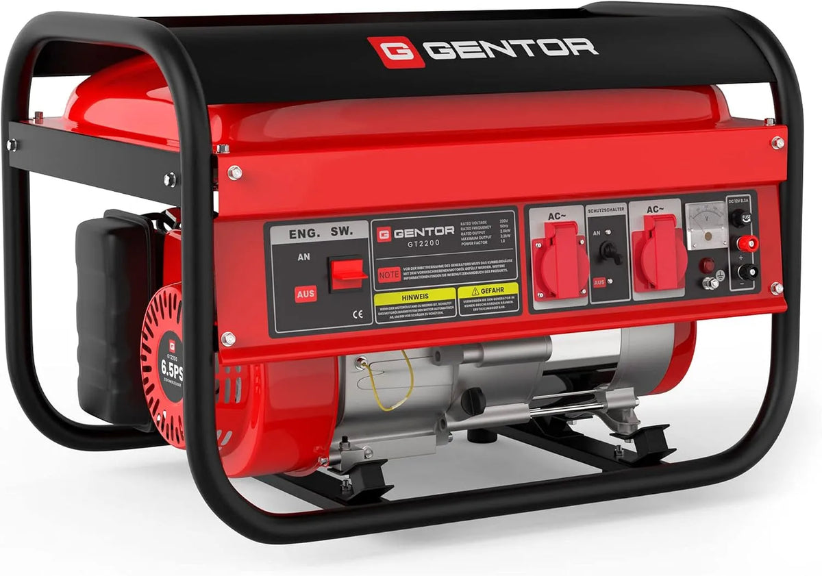 GENTOR Stroomgenerator, 6,5 pk, 1 x 12 V, 4-takt benzinemotor, geluidsarm, trekstart, 2 x 230 V, 2200 watt, noodstroomaggregaat