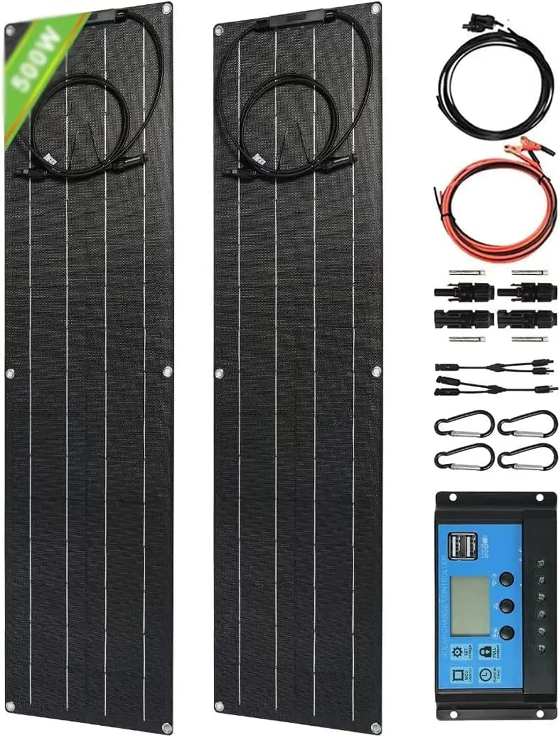 Zonnepaneel met Flexibele Monokristallijne Zonnepanelen, Camper, 2X 250 W 12V-24V ETFE Flexibele Zonnepaneelset Met 40A Controller, Geschikt
